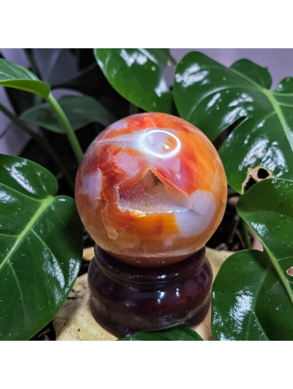 A397. Carnelian w/Druzy Cave 47mm Natural Crystal Sphere Orb